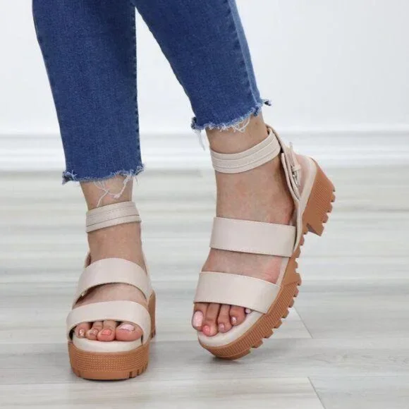 Nude Strappy Chunky Heel Sandal Faux Leather - Picture 10 of 12